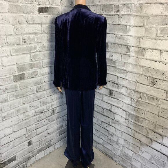 Vintage 90s Tuxedo 2 Pc Suit Set Navy Velvet Blazer Jacket Satin High Rise Pants - Picture 5 of 15